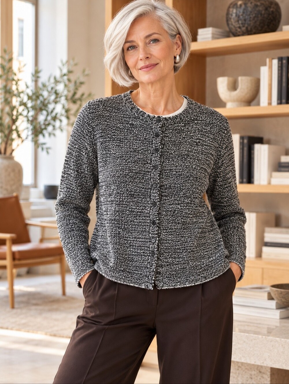 Eileen Fisher Organic Linen Cotton Marled Knit Cardigan Black White XL